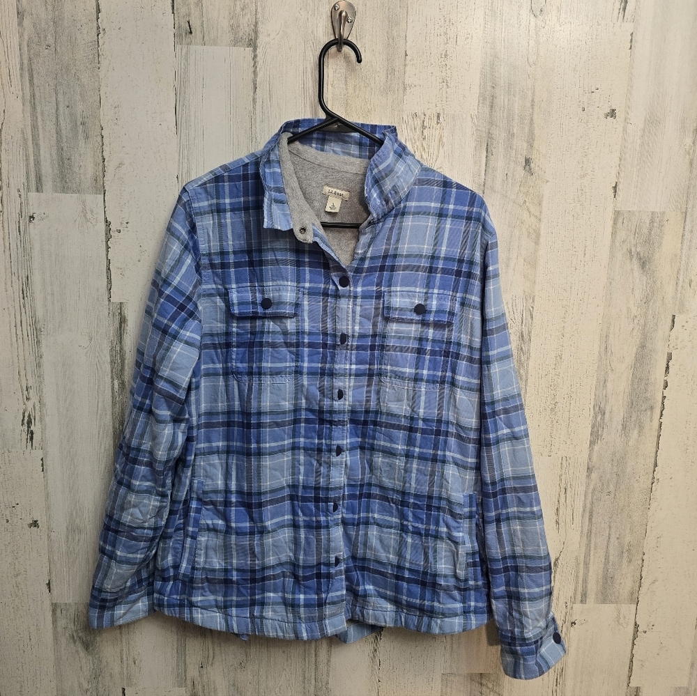 LL Bean Blue Plaid Button-Up Warm Thick Flannel Shirt Mens Size Large